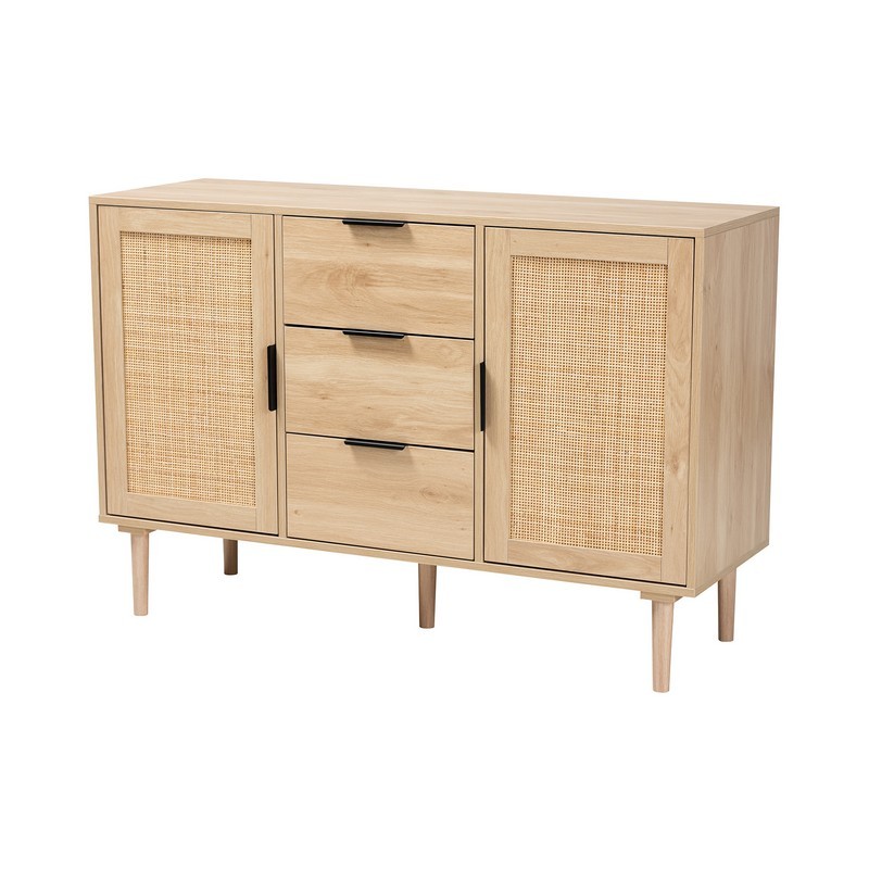 BAXTON STUDIO SR191635-CABINET HARRISON 47 1/4 INCH MID-CENTURY MODERN NATURAL BROWN FINISHED WOOD AND NATURAL RATTAN 3-DRAWER SIDEBOARD - NATURAL BROWN