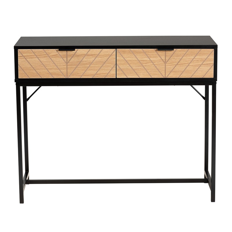 BAXTON STUDIO LC21020901-WOOD/METAL-CONSOLE TABLE JACINTH 39 3/8 INCH MODERN INDUSTRIAL TWO-TONE BLACK AND NATURAL BROWN FINISHED WOOD AND BLACK METAL 2-DRAWER CONSOLE TABLE