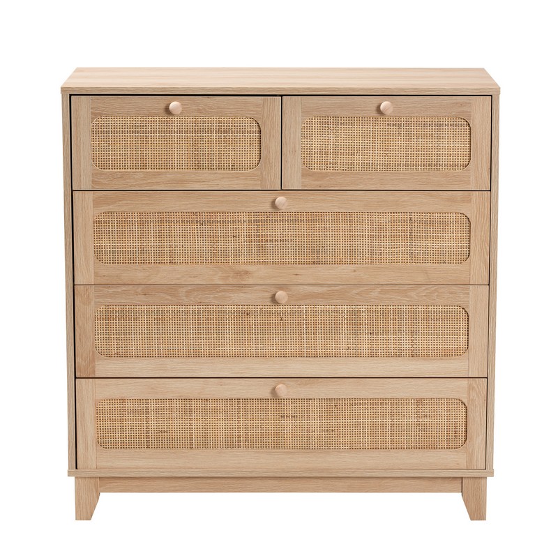 BAXTON STUDIO LC22040704-RATTAN-5DW CABINET ELSBETH 35 3/8 INCH MID-CENTURY MODERN OAK BROWN FINISHED WOOD AND NATURAL RATTAN 5-DRAWER STORAGE CABINET