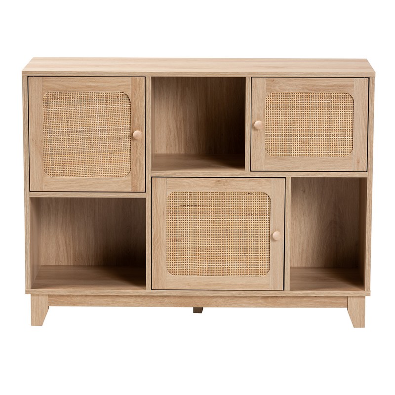 BAXTON STUDIO LC22040705-RATTAN-SIDEBOARD ELSBETH 40 INCH MID-CENTURY MODERN LIGHT BROWN FINISHED WOOD AND NATURAL RATTAN 3-DOOR SIDEBOARD