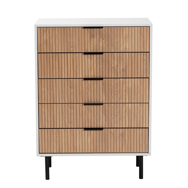 BAXTON STUDIO LCF20158-WHITE/TAN-5DW-CABINET KARIMA 28 1/4 INCH MID-CENTURY MODERN TWO-TONE WHITE AND NATURAL BROWN FINISHED WOOD AND BLACK METAL 5-DRAWER STORAGE CABINET