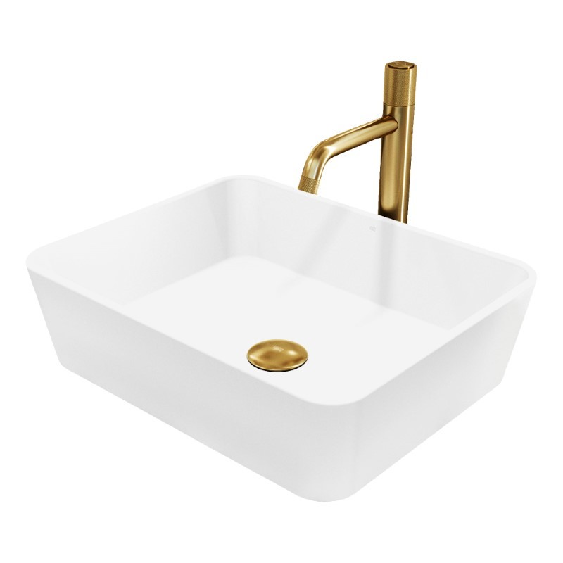 VIGO VGT2048 MARIGOLD MATTE STONE VESSEL BATHROOM SINK WITH APOLLO BATHROOM FAUCET AND POP-UP DRAIN IN MATTE BRUSHED GOLD