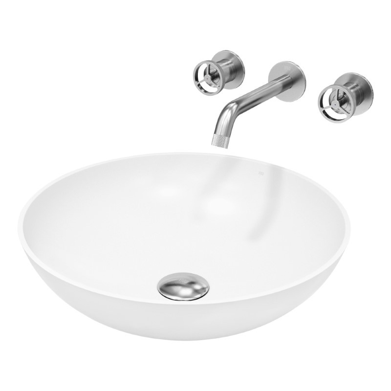 VIGO VGT2067 LOTUS MATTE STONE VESSEL BATHROOM SINK WITH CASS WALL MOUNT FAUCET AND POP-UP DRAIN IN BRUSHED NICKEL