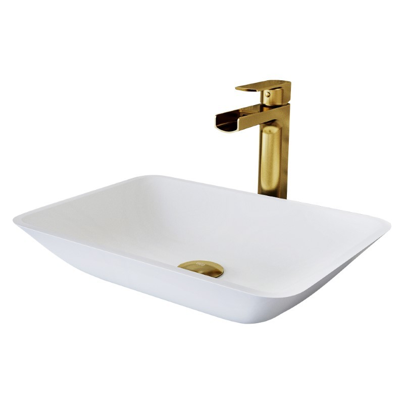 VIGO VGT2071 WHITE SOTTLIE MATTESHELL VESSEL BATHROOM SINK WITH AMADA BATHROOM FAUCET AND POP-UP DRAIN IN MATTE BRUSHED GOLD
