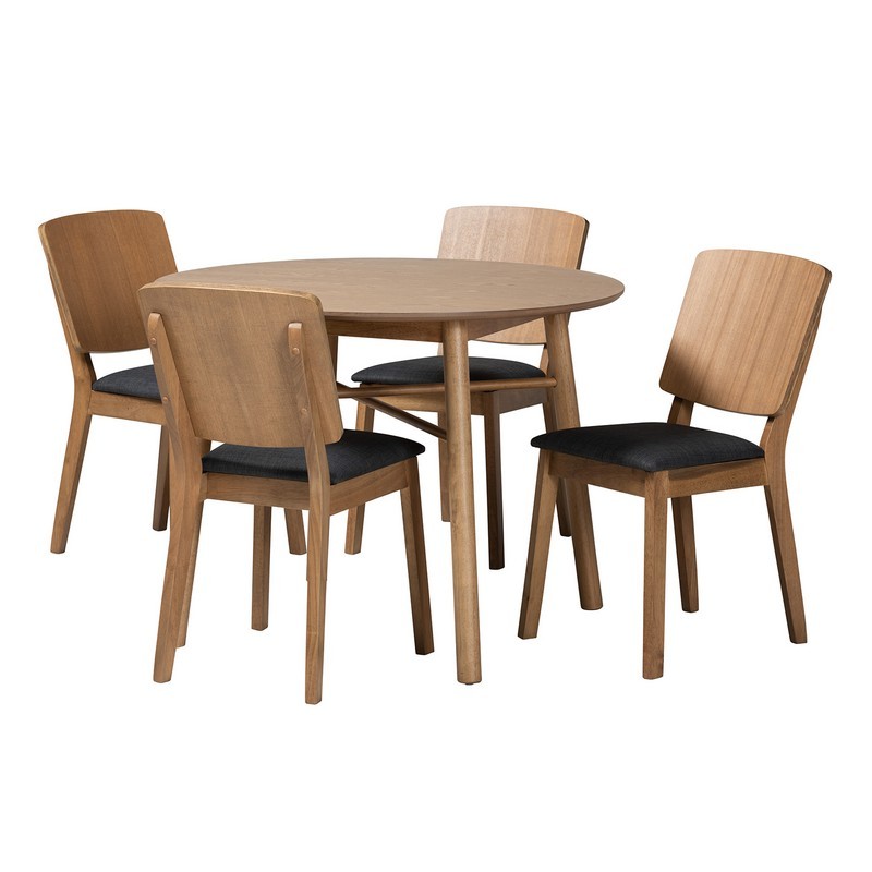 BAXTON STUDIO DENMARK-FRENCH OAK-5PC DINING SET DENMARK 39 3/8 INCH MID-CENTURY MODERN BLACK FABRIC AND FRENCH OAK BROWN FINISHED RUBBERWOOD 5-PIECE DINING SET