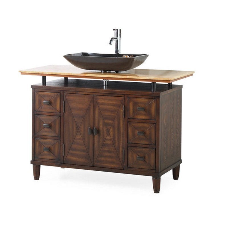 CHANS FURNITURE Q136-8X VERDANA 48 INCH BATHROOM VESSEL SINK VANITY WITH ONYX COUNTER TOP AND FAUCET- BROWN