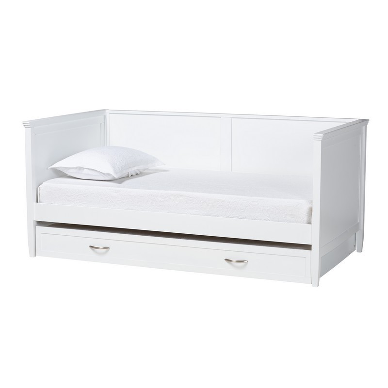 BAXTON STUDIO VIVA-WHITE-DAYBED-TWIN WITH TRUNDLE VIVA 79 1/2 INCH CLASSIC AND TRADITIONAL WHITE FINISHED WOOD TWIN SIZE DAYBED WITH ROLL-OUT TRUNDLE