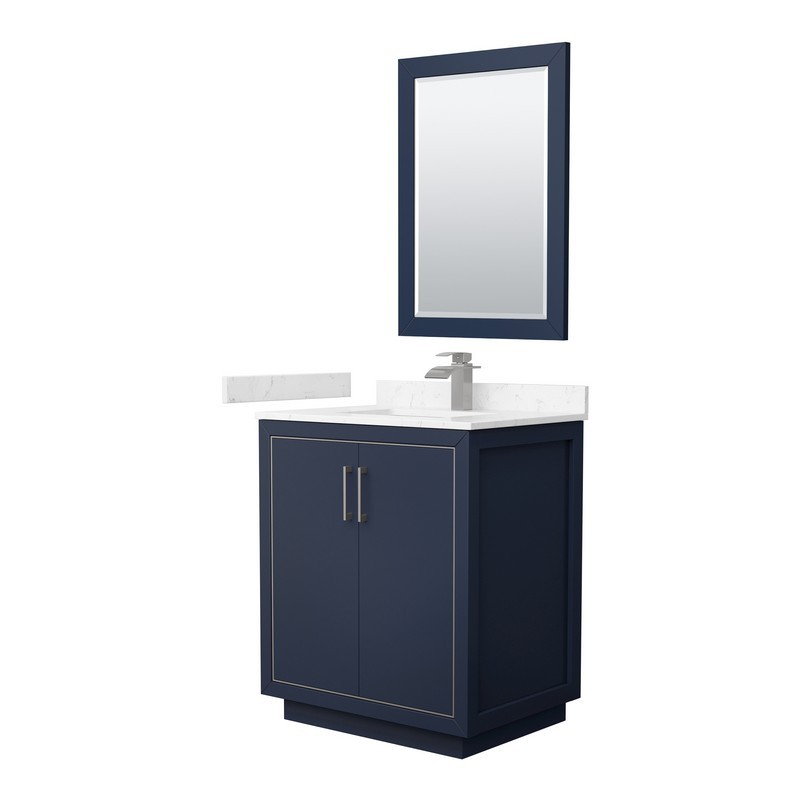 WYNDHAM COLLECTION WCF111130SBNC2UNSM24 ICON 30 INCH SINGLE BATHROOM VANITY IN DARK BLUE WITH CARRARA CULTURED MARBLE COUNTERTOP AND UNDERMOUNT SQUARE SINK AND BRUSHED NICKEL TRIM WITH 24 INCH MIRROR