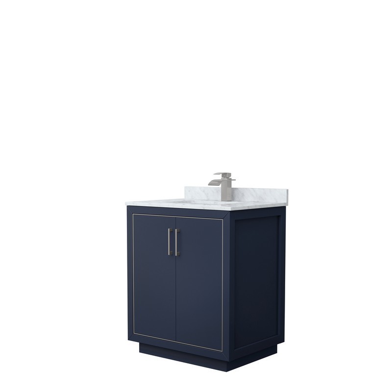 WYNDHAM COLLECTION WCF111130SBNCMUNSMXX ICON 30 INCH SINGLE BATHROOM VANITY IN DARK BLUE WITH WHITE CARRARA MARBLE COUNTERTOP AND UNDERMOUNT SQUARE SINK AND BRUSHED NICKEL TRIM