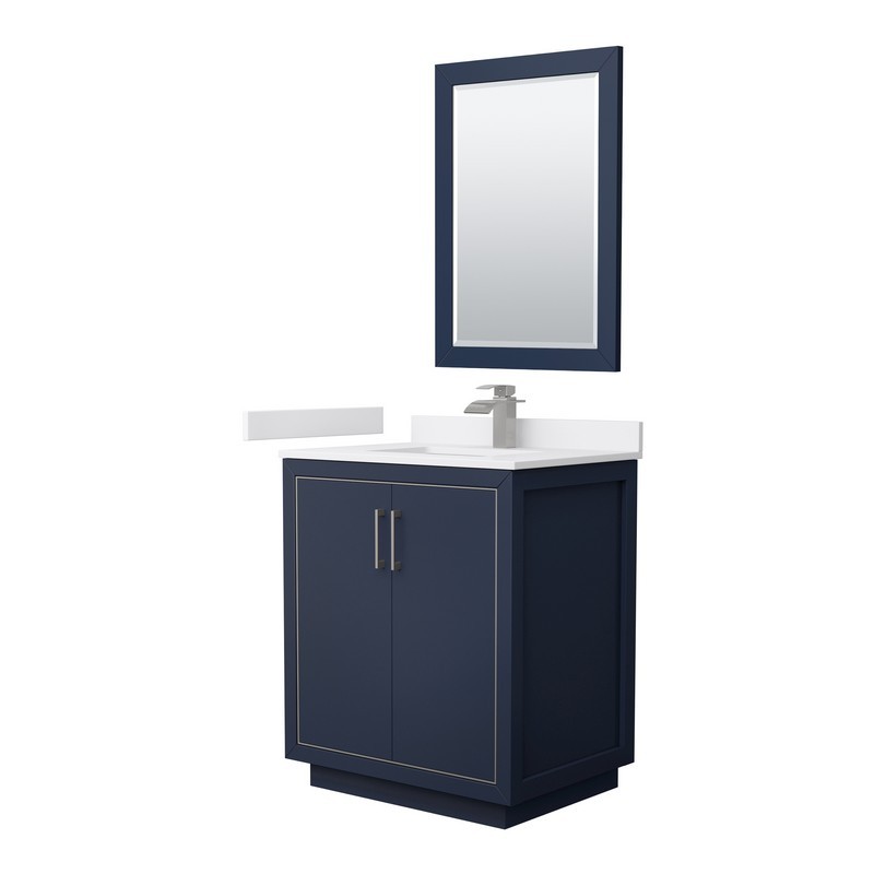 WYNDHAM COLLECTION WCF111130SBNWCUNSM24 ICON 30 INCH SINGLE BATHROOM VANITY IN DARK BLUE WITH WHITE CULTURED MARBLE COUNTERTOP AND UNDERMOUNT SQUARE SINK AND BRUSHED NICKEL TRIM WITH 24 INCH MIRROR