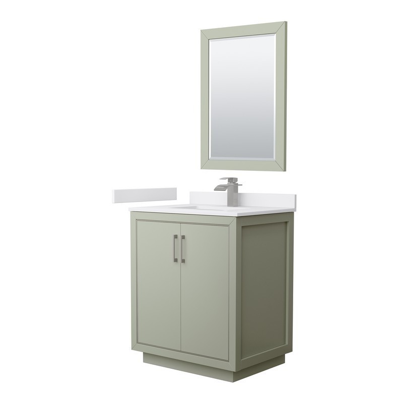 WYNDHAM COLLECTION WCF111130SLGWCUNSM24 ICON 30 INCH SINGLE BATHROOM VANITY IN LIGHT GREEN WITH WHITE CULTURED MARBLE COUNTERTOP AND UNDERMOUNT SQUARE SINK AND BRUSHED NICKEL TRIM WITH 24 INCH MIRROR