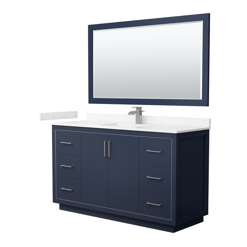 WYNDHAM COLLECTION WCF111160SBNC2UNSM58 ICON 60 INCH SINGLE BATHROOM VANITY IN DARK BLUE WITH CARRARA CULTURED MARBLE COUNTERTOP AND UNDERMOUNT SQUARE SINK AND BRUSHED NICKEL TRIM WITH 58 INCH MIRROR