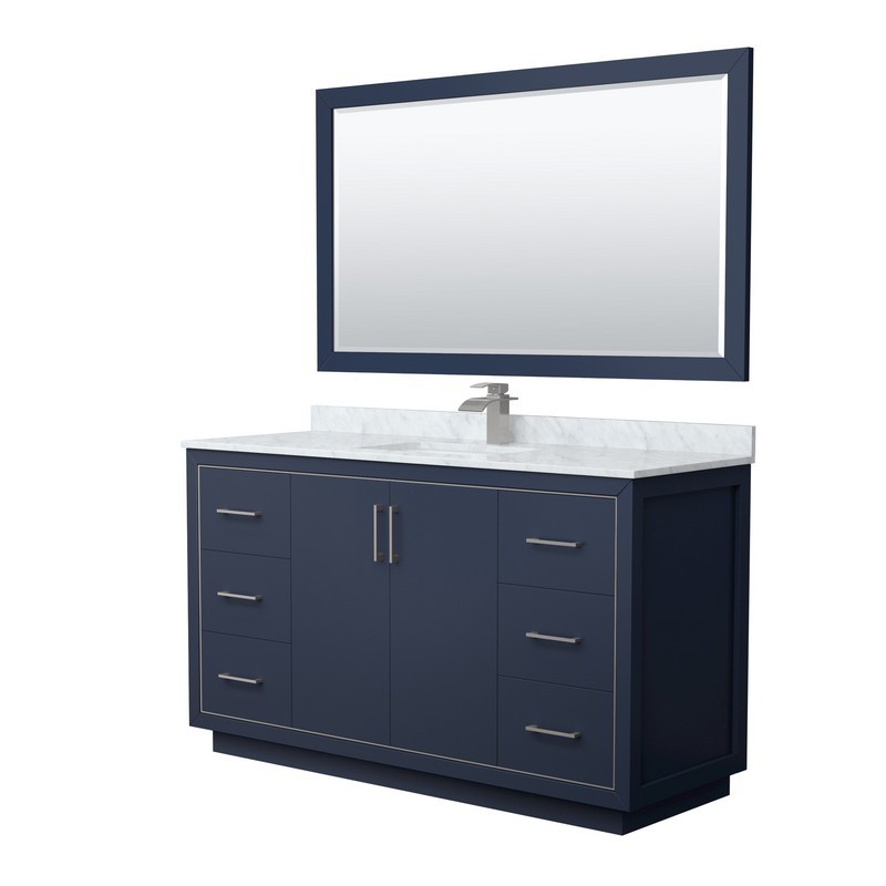 WYNDHAM COLLECTION WCF111160SBNCMUNSM58 ICON 60 INCH SINGLE BATHROOM VANITY IN DARK BLUE WITH WHITE CARRARA MARBLE COUNTERTOP AND UNDERMOUNT SQUARE SINK AND BRUSHED NICKEL TRIM WITH 58 INCH MIRROR