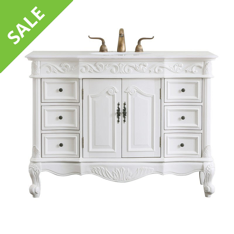 SALE! ELEGANT FURNITURE LIGHTING VF38848AW-VW OAKLAND 48 INCH FREE-STANDING SINGLE BOWL BATHROOM VANITY IN ANTIQUE WHITE WITH QUARTZ TOP