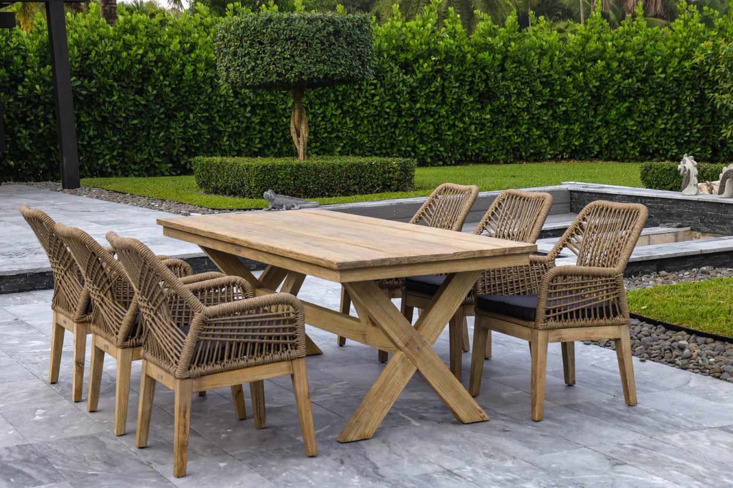OUTSY 0ASAN-W12-GR-R SANTINO 7-PIECE OUTDOOR DINING SET - WOOD TABLE WITH 6 WOOD, ALUMINUM, AND ROPE CHAIRS