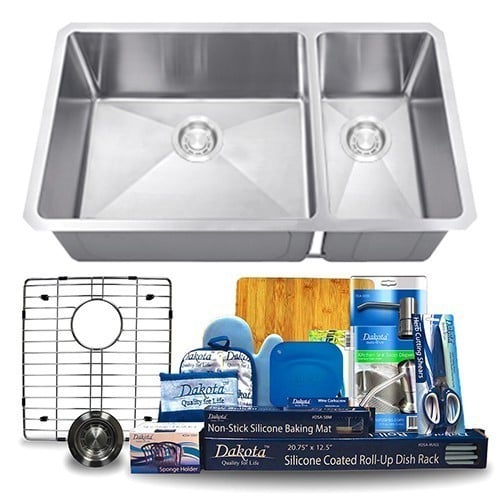 DAKOTA SINKS DSM-703 SIGNATURE M-SERIES 32 X 10 INCH MICRO RADIUS 70/30 OFFSET DOUBLE BOWL UNDERMOUNT KITCHEN SINK WITH BOTTOM GRID