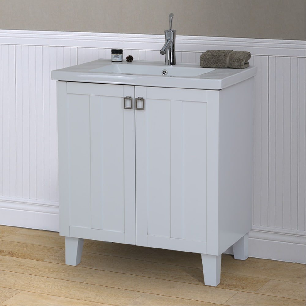 INFURNITURE IN3730-W 30 INCH SINGLE SINK BATHROOM VANITY IN WHITE WITH THICK EDGE CERAMIC TOP