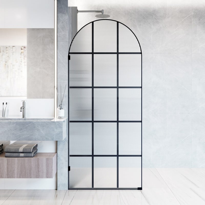 VIGO VG6094MBGFL3478 ARDEN 34 INCH X 77 7/8 INCH FRAMELESS SHOWER SCREEN WITH GRID FLUTED GLASS - MATTE BLACK