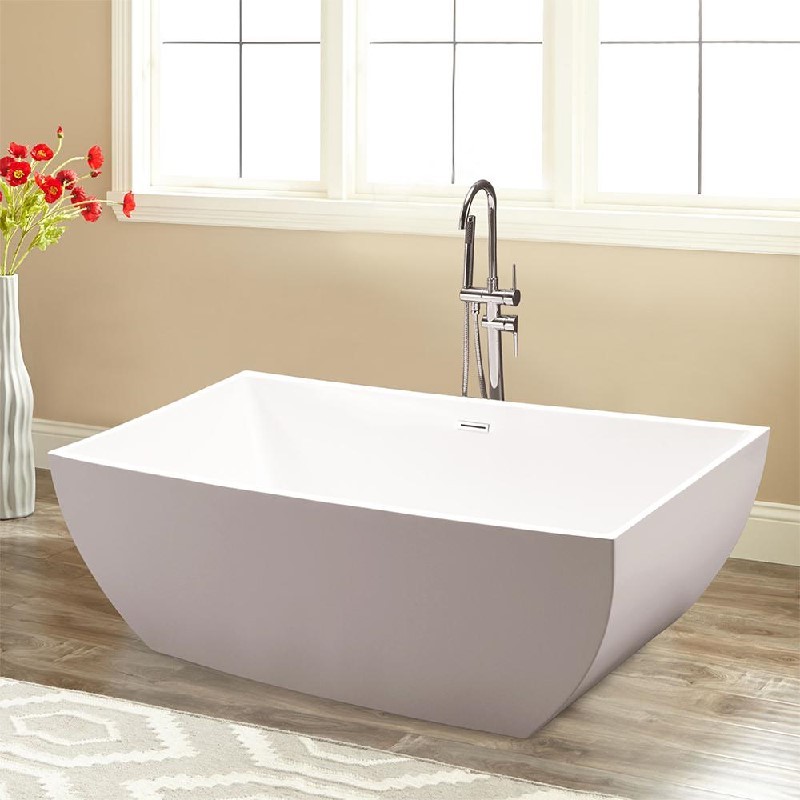 VANITY ART VA6821-L 66 7/8 INCH FREESTANDING ACRYLIC SOAKING BATHTUB WITH SLOTTED OVERFLOW AND POP-UP DRAIN - WHITE