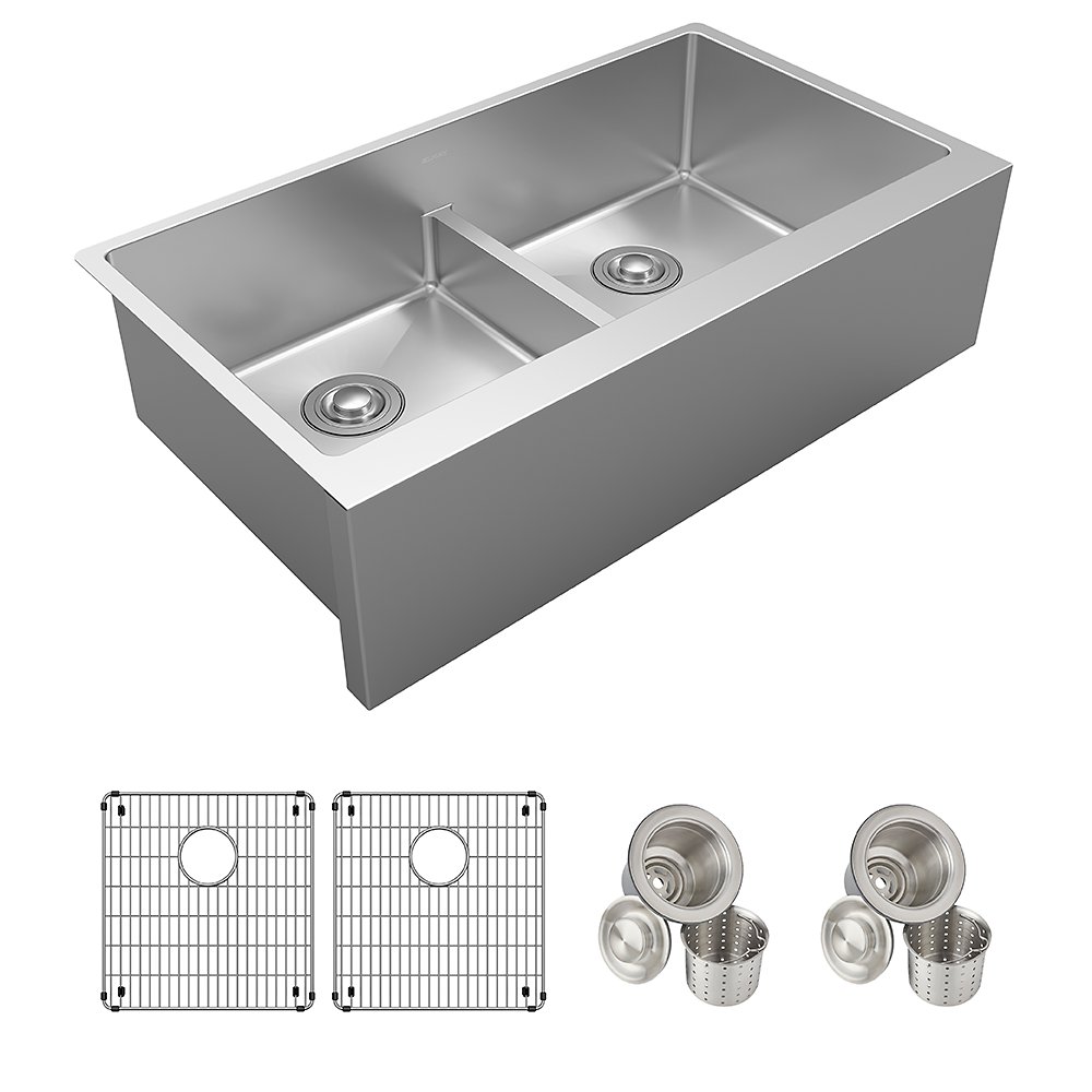 ELKAY EFRUFFA3417DBG CROSSTOWN 36 INCH 16 GAUGE STAINLESS STEEL EQUAL DOUBLE BOWL TALL FARMHOUSE SINK KIT WITH AQUA DIVIDE