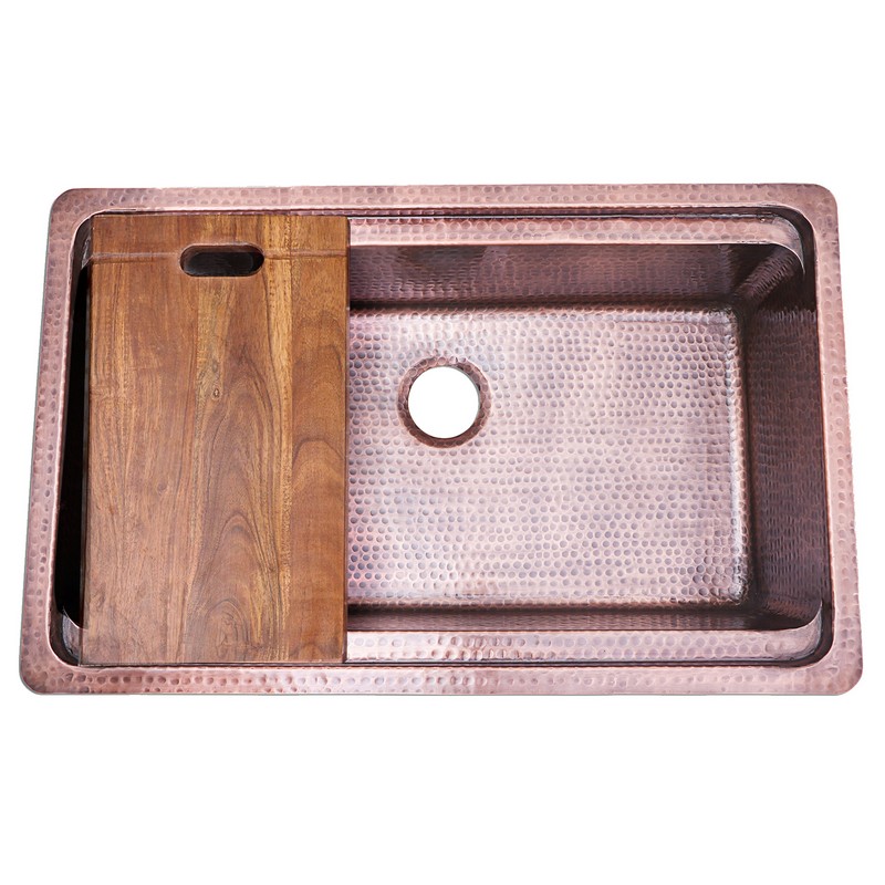 NANTUCKET SINKS KCH-PS-3220 BRIGHTWORK COLLECTION 32 INCH HAND HAMMERD COPPER PREPSTATION KITCHEN SINK WITH ACACIA WOOD CUTTING BOARD