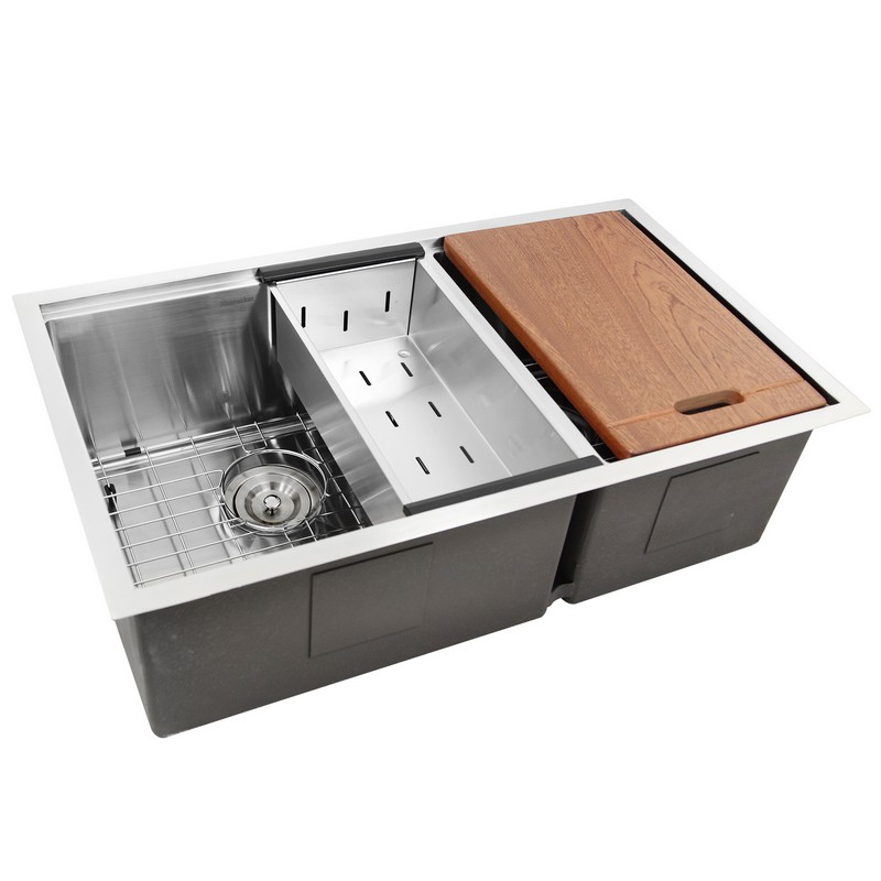 NANTUCKET SR-PS-3219-OS-16 PRO SERIES 60/40 OFFSET DOUBLE BOWL PREP STATION SMALL RADIUS UNDERMOUNT STAINLESS SINK WITH ACCESSORIES