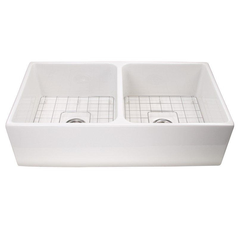 NANTUCKET SINKS T-FCFS36-DBL 36 INCH DOUBLE BOWL WHITE FARMHOUSE FIRECLAY KITCHEN SINK WITH GRIDS AND DRAINS