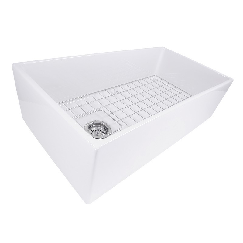 NANTUCKET SINKS T-FCFS36 CAPE 36 INCH FARMHOUSE FIRECLAY SINK WITH OFFSET DRAIN AND GRID