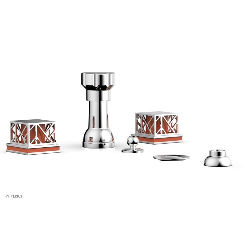 PHYLRICH 222-61-042 JOLIE FOUR HOLES DECK MOUNT BIDET FAUCET WITH SQUARE HANDLES AND ORANGE ACCENTS