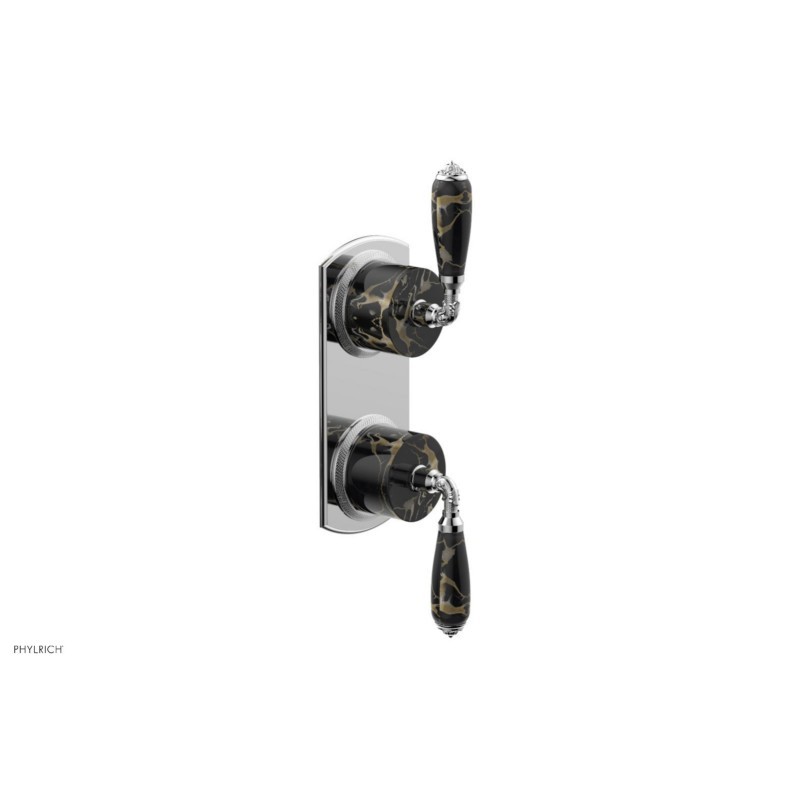 PHYLRICH 4-453C VALENCIA 4 INCH WALL MOUNT TWO BLACK MARBLE LEVER HANDLES THERMOSTATIC VALVE WITH VOLUME CONTROL OR DIVERTER