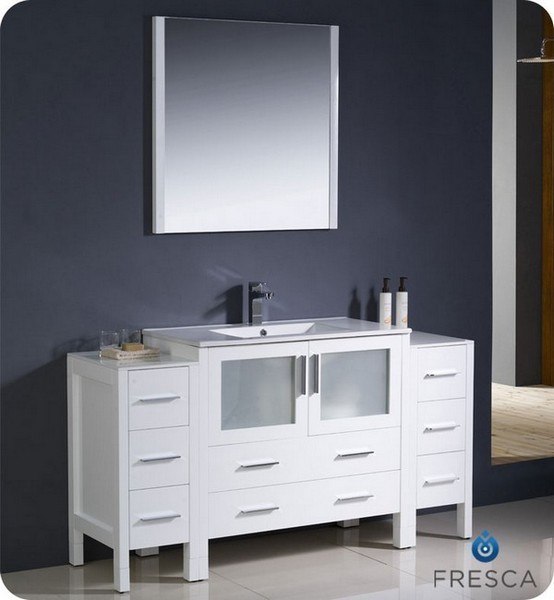 FRESCA FVN62-123612WH-UNS TORINO 59.75 INCH WHITE MODERN BATHROOM VANITY WITH 2 SIDE CABINETS AND UNDERMOUNT SINK