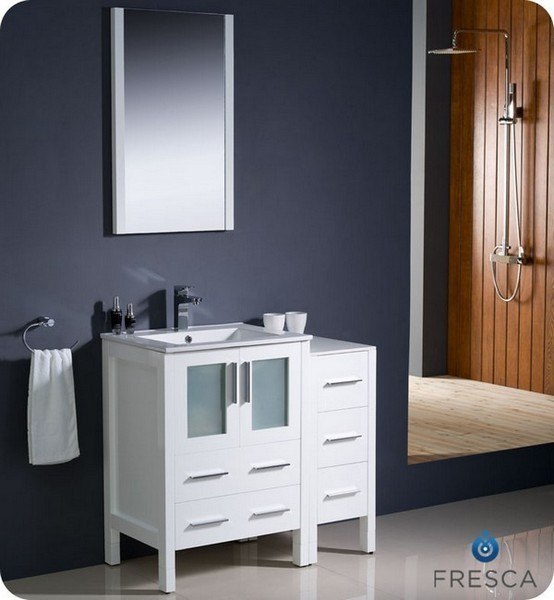 FRESCA FVN62-2412WH-UNS TORINO 36 INCH WHITE MODERN BATHROOM VANITY WITH SIDE CABINET AND UNDERMOUNT SINK