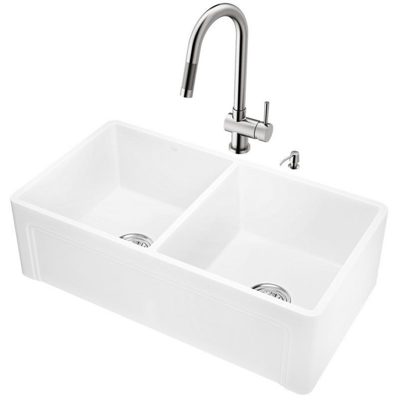 VIGO VG15804 ALL-IN-ONE 33 INCH CASEMENT FRONT MATTE STONE DOUBLE BOWL FARMHOUSE APRON KITCHEN SINK SET WITH GRAMERCY FAUCET IN STAINLESS STEEL, TWO STRAINERS AND SOAP DISPENSER
