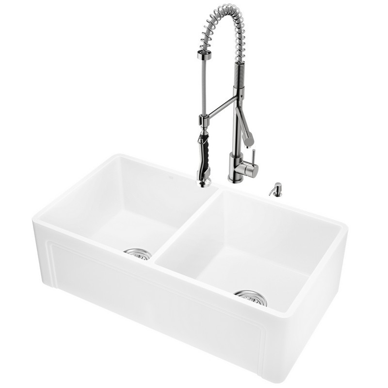 VIGO VG15806 ALL-IN-ONE 33 INCH CASEMENT FRONT MATTE STONE DOUBLE BOWL FARMHOUSE APRON KITCHEN SINK SET WITH ZURICH FAUCET IN STAINLESS STEEL, TWO STRAINERS AND SOAP DISPENSER