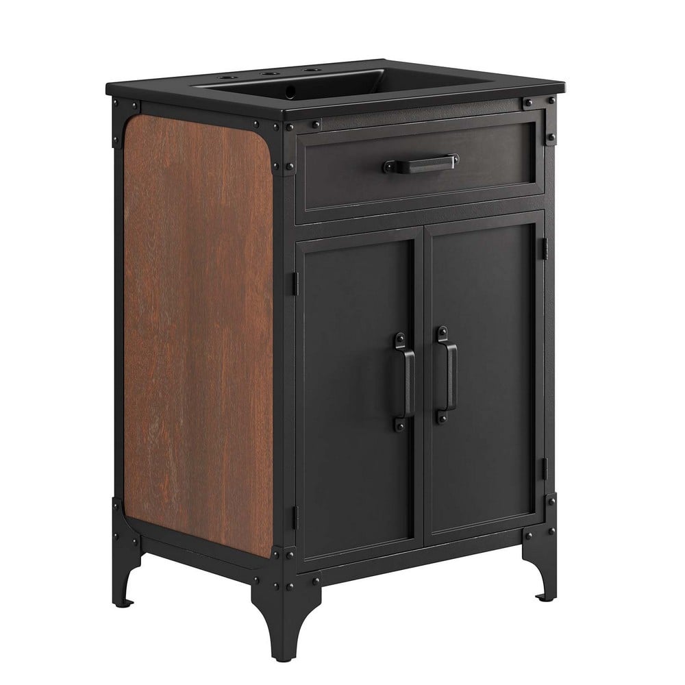 MODWAY EEI-6414-BLK-BLK STEAMFORGE 24 INCH FREE-STANDING SINGLE SINK BATHROOM VANITY IN BLACK WITH CERAMIC TOP