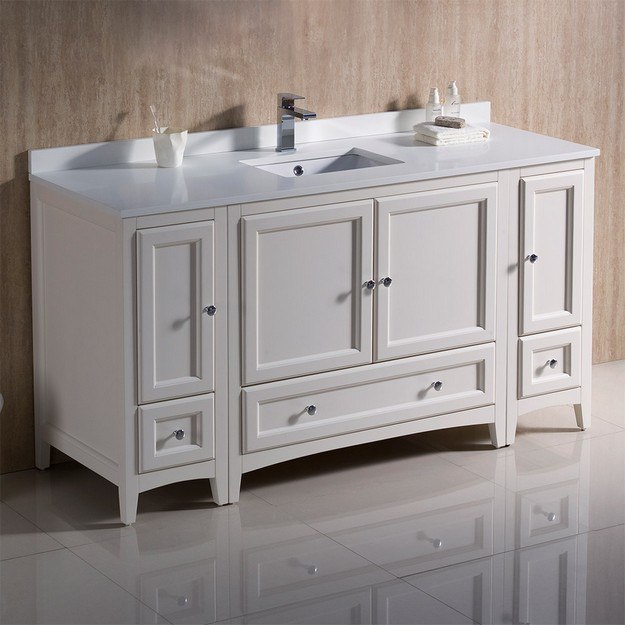 FRESCA FCB20-123612AW-CWH-U OXFORD 60 INCH ANTIQUE WHITE TRADITIONAL BATHROOM CABINETS WITH TOP AND SINK