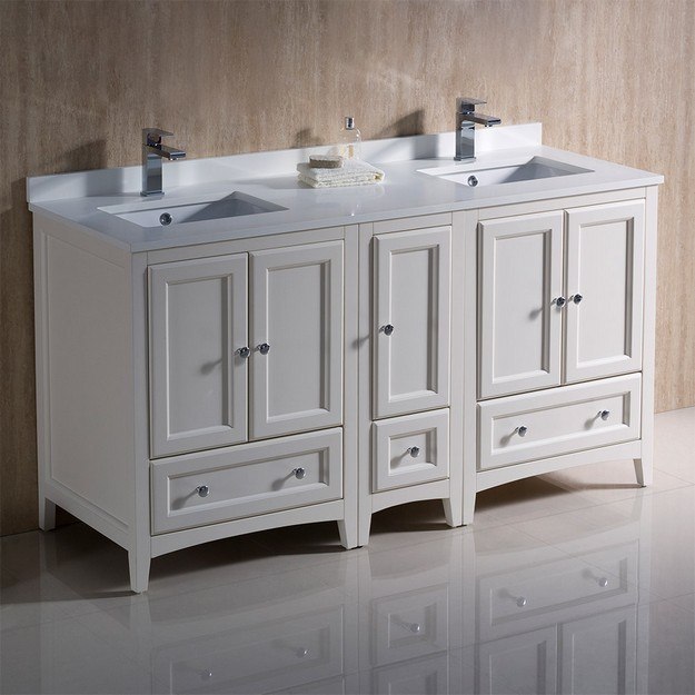 FRESCA FCB20-241224AW-CWH-U OXFORD 60 INCH ANTIQUE WHITE TRADITIONAL DOUBLE SINK BATHROOM CABINETS WITH TOP AND SINKS