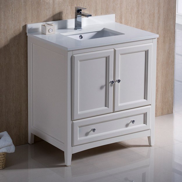 FRESCA FCB2030AW-CWH-U OXFORD 30 INCH ANTIQUE WHITE TRADITIONAL BATHROOM CABINET WITH TOP AND SINK