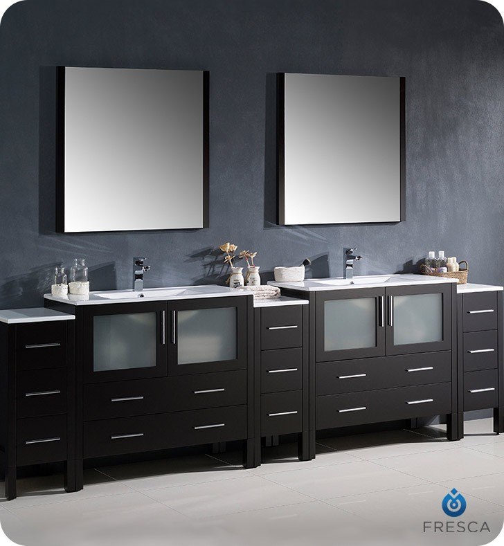 FRESCA FVN62-108ES-UNS TORINO 108 INCH ESPRESSO MODERN DOUBLE SINK BATHROOM VANITY WITH 3 SIDE CABINETS AND INTEGRATED SINKS