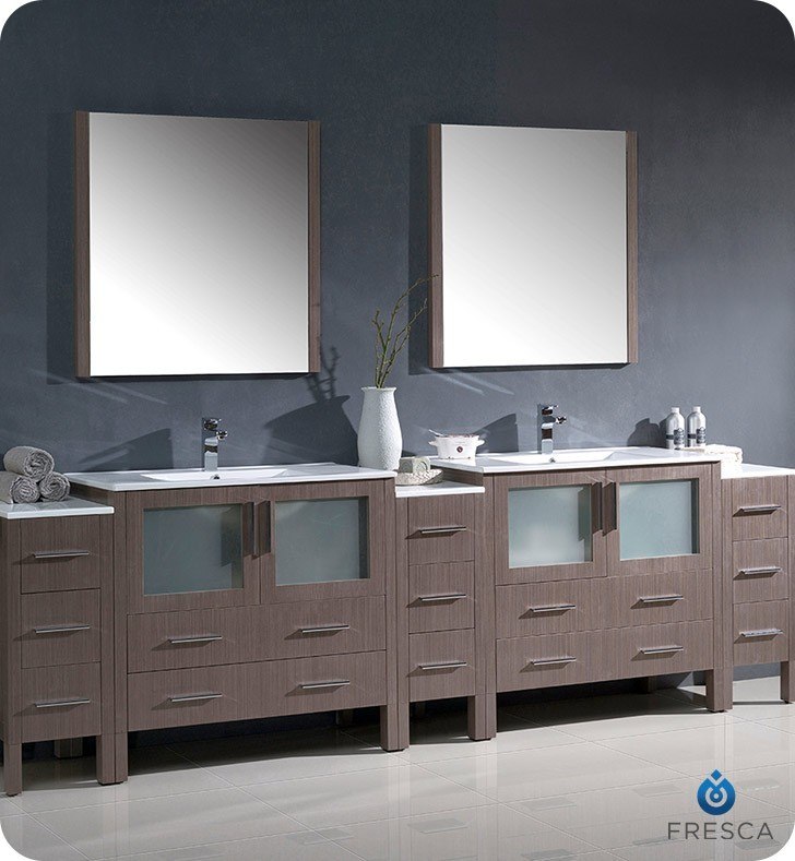 FRESCA FVN62-108GO-UNS TORINO 108 INCH GRAY OAK MODERN DOUBLE SINK BATHROOM VANITY WITH 3 SIDE CABINETS AND INTEGRATED SINKS