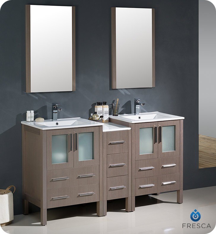 FRESCA FVN62-241224GO-UNS TORINO 60 INCH GRAY OAK MODERN DOUBLE SINK BATHROOM VANITY WITH SIDE CABINET AND INTEGRATED SINKS