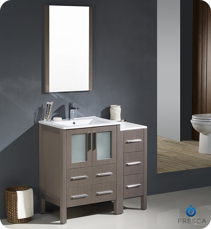 FRESCA FVN62-2412GO-UNS TORINO 36 INCH GRAY OAK MODERN BATHROOM VANITY WITH SIDE CABINET AND INTEGRATED SINKS