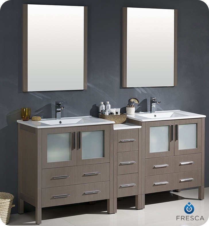 FRESCA FVN62-301230GO-UNS TORINO 72 INCH GRAY OAK MODERN DOUBLE SINK BATHROOM VANITY WITH SIDE CABINET AND INTEGRATED SINKS