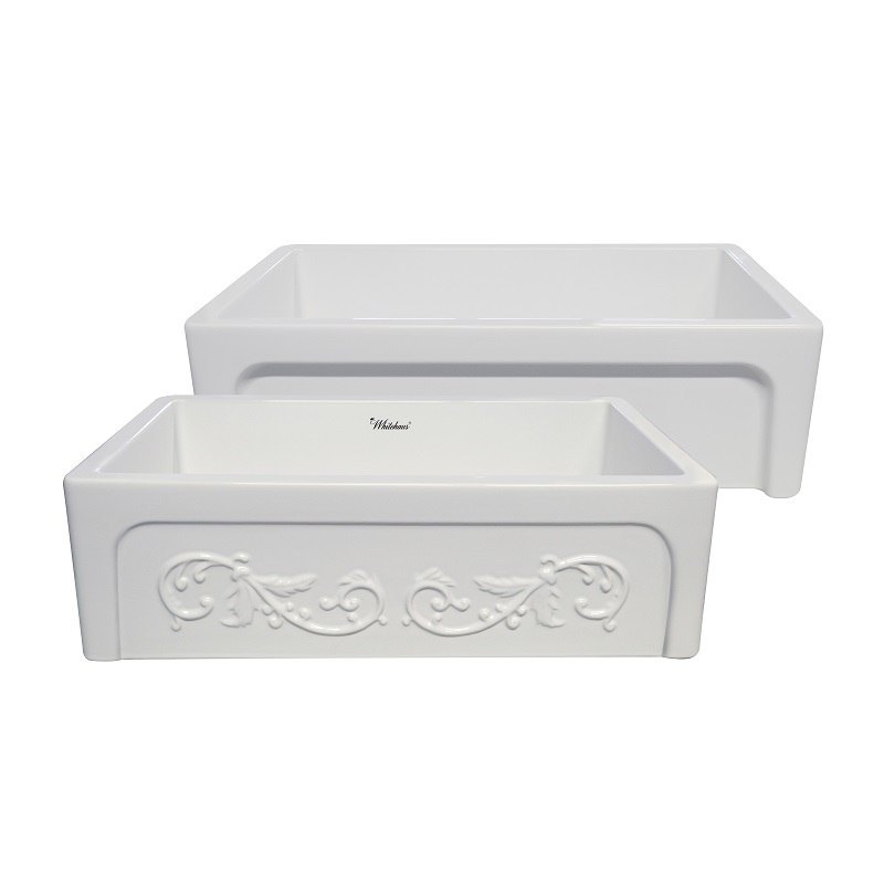 WHITEHAUS WHSIV3333 GLENCOVE ST. IVES 33 INCH FRONT APRON FIRECLAY SINK WITH AN INTRICATE VINE DESIGN ON ONE SIDE AND AN ELEGANT BEVELED FRONT APRON ON THE OPPOSITE SIDE
