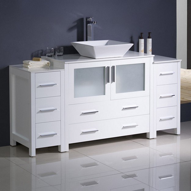 FRESCA FCB62-123612WH-CWH-V TORINO 60 INCH WHITE MODERN BATHROOM CABINETS WITH TOP AND VESSEL SINK