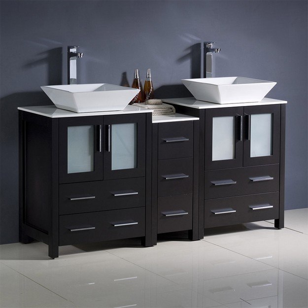 FRESCA FCB62-241224ES-CWH-V TORINO 60 INCH ESPRESSO MODERN DOUBLE SINK BATHROOM CABINETS WITH TOPS AND VESSEL SINKS