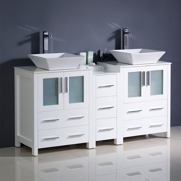 FRESCA FCB62-241224WH-CWH-V TORINO 60 INCH WHITE MODERN DOUBLE SINK BATHROOM CABINETS WITH TOPS AND VESSEL SINKS