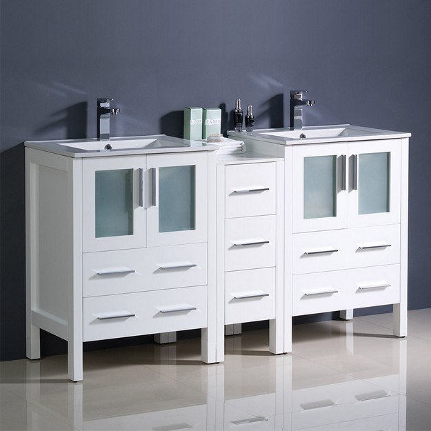 FRESCA FCB62-241224WH-I TORINO 60 INCH WHITE MODERN DOUBLE SINK BATHROOM CABINETS WITH INTEGRATED SINKS