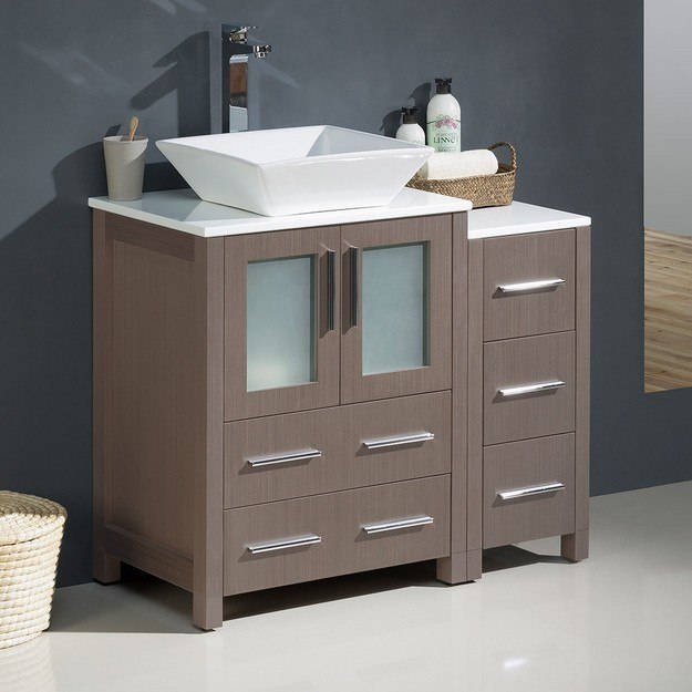 FRESCA FCB62-2412GO-CWH-V TORINO 36 INCH GRAY OAK MODERN BATHROOM CABINETS WITH TOP AND VESSEL SINK
