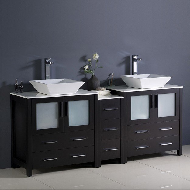 FRESCA FCB62-301230ES-CWH-V TORINO 72 INCH ESPRESSO MODERN DOUBLE SINK BATHROOM CABINETS WITH TOPS AND VESSEL SINKS